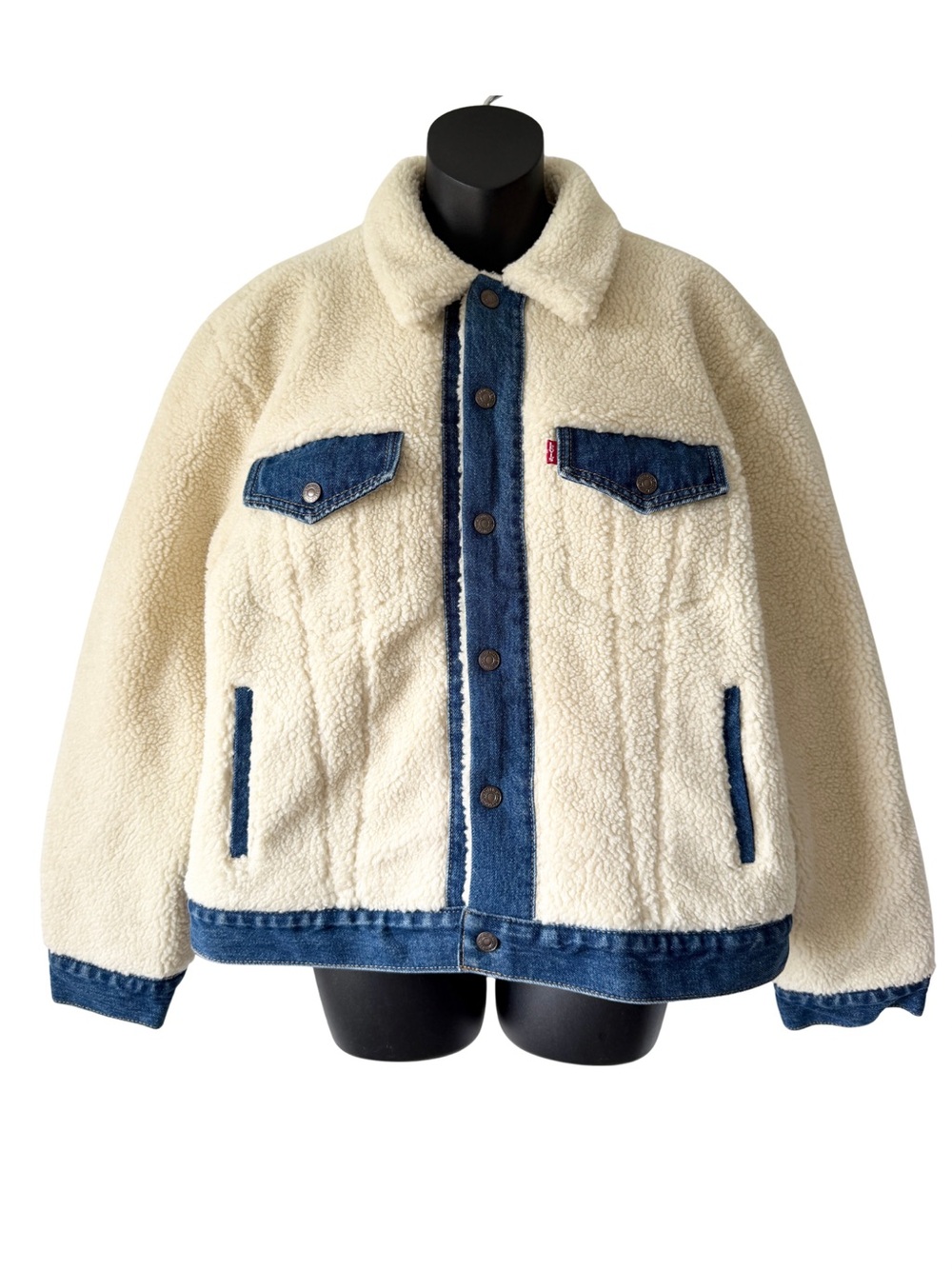 Levi’s Ex Boyfriend Trucker Jacket Cream Sherpa Blue Denim Womens Large Fall New